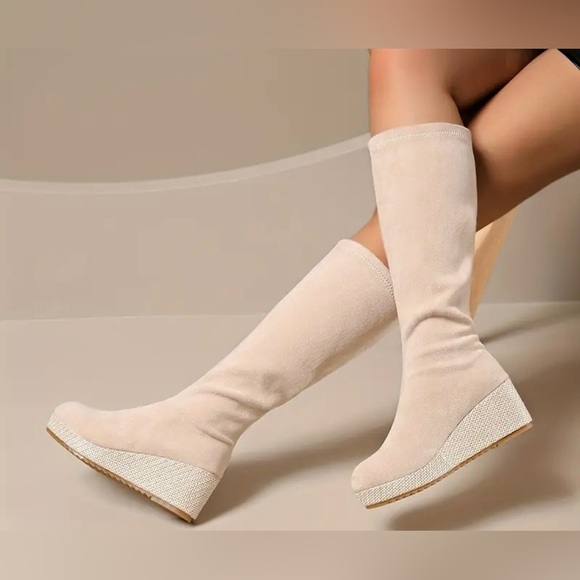 Chic Beige Knee-High Faux Suede Wedge Boots - Picture 2 of 5